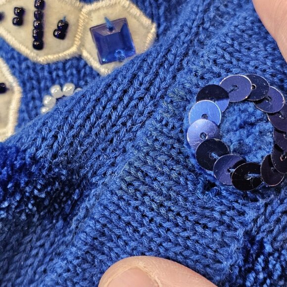 Size 3X Winter Snowflake Blue Sweater Cardigan Beaded Sequins Checkered Knit VTG - Picture 12 of 14